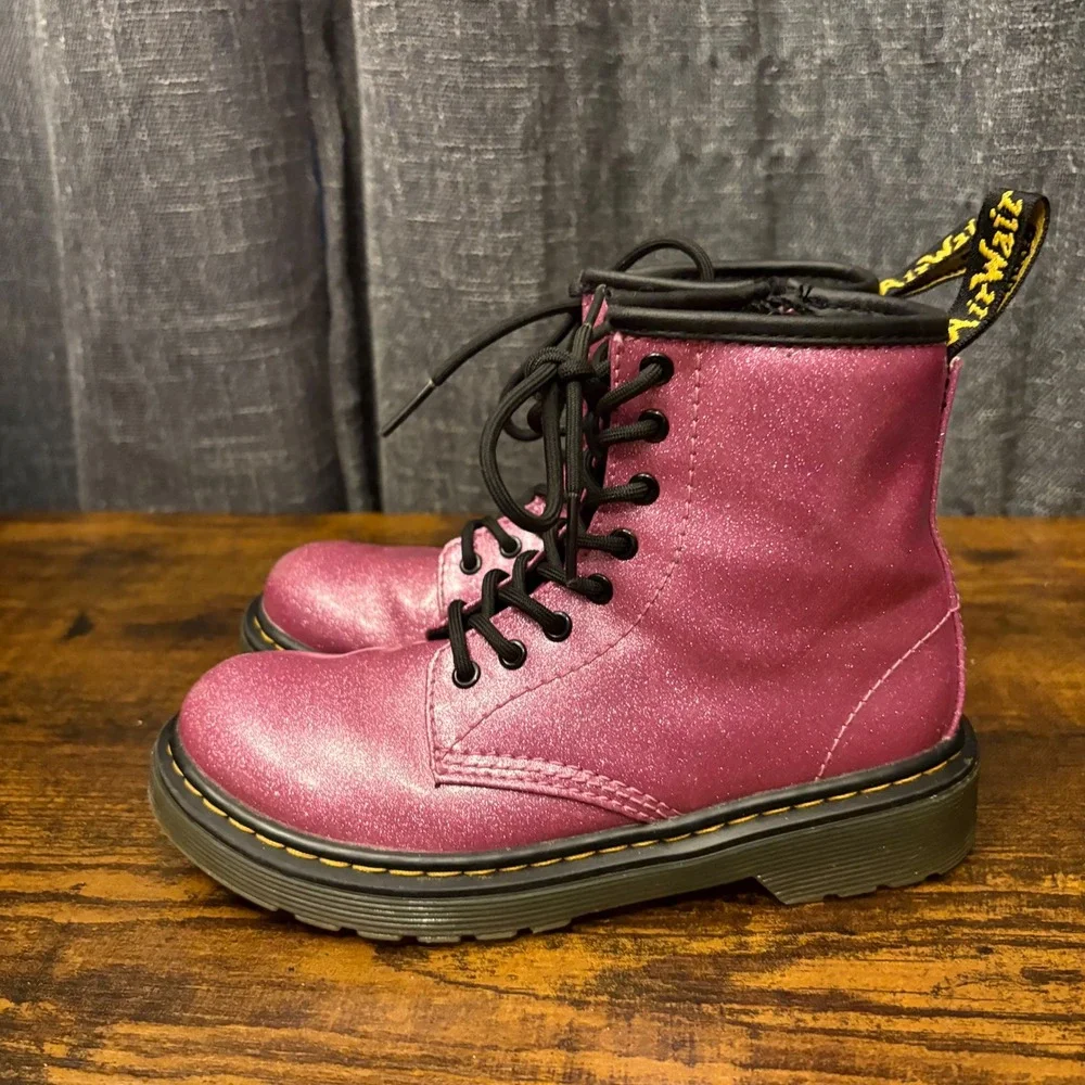 Dr Martens 1460 Glitter Junior Pink Sparkle Lace Up Side Zip Boots (Kids Size 1)